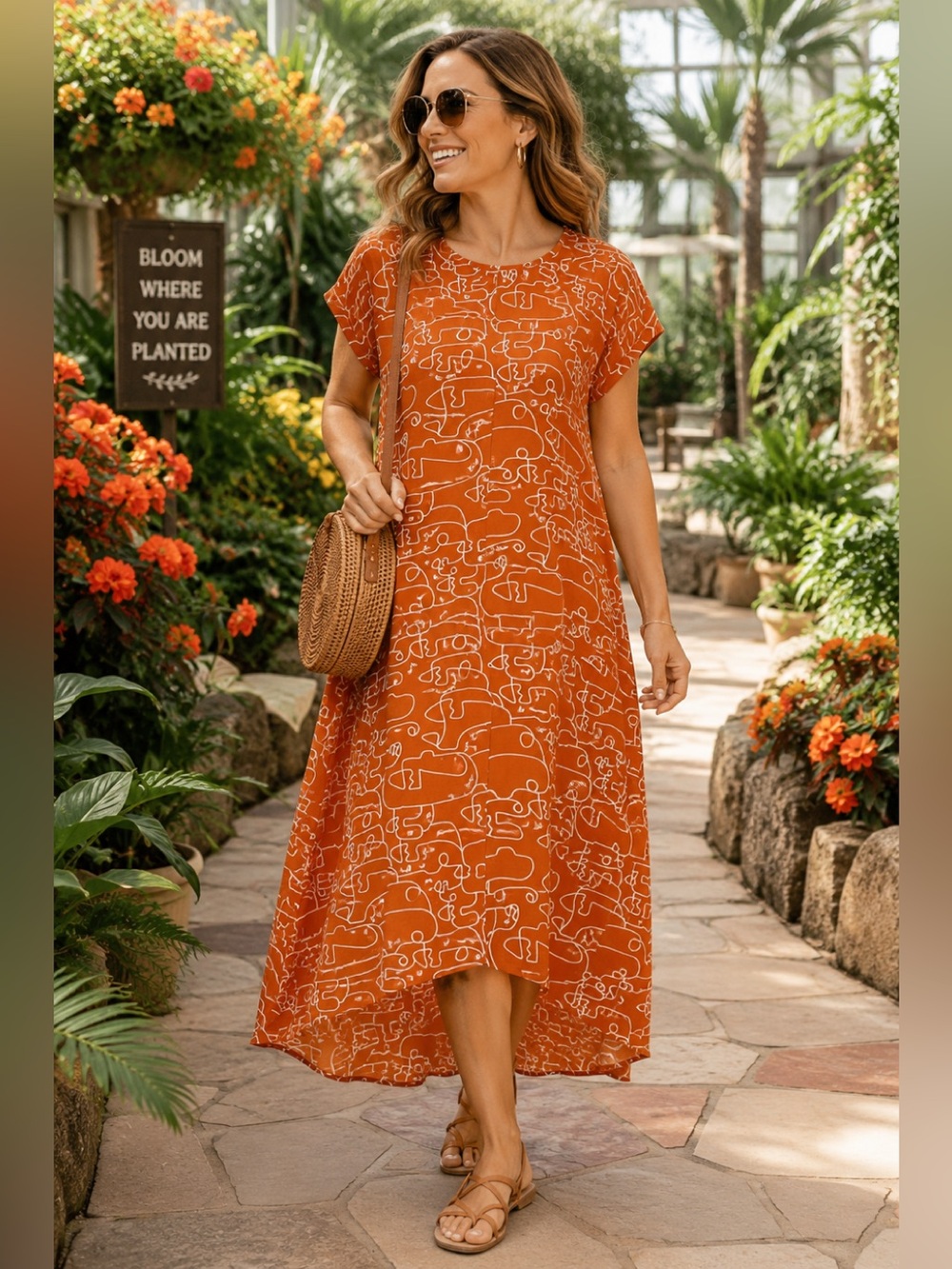 Nash Elephant Print Cotton Midi Dress Orange Short Sleeve Boho